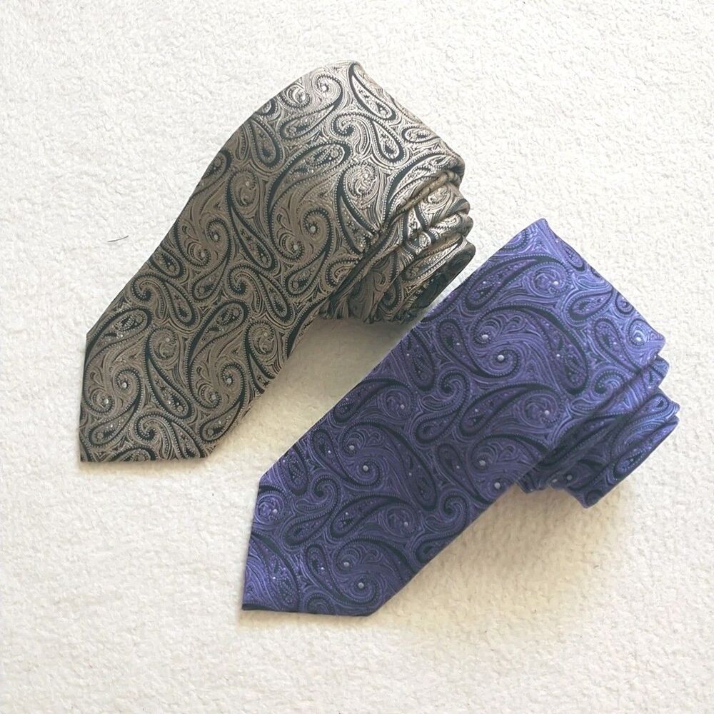Chaps Necktie Tie Paisley Striped Jacquard Silk Hand Made 2x Lot